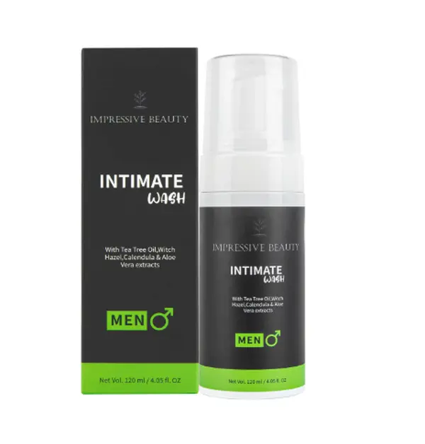 Impressive Beauty Intimate Wash for Men Natural Organic with Tea Tree Oil | pH Balanced Foam Cleansing | Removes Sweat, Bad Odor, Itching, and Irritation | 4.05 fl. oz.