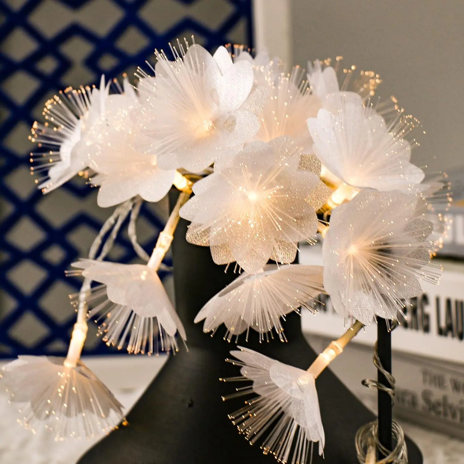 Fiber Optic Flower String Light, 14ft 20 Led Flower Light Waterproof, Battery Powered Suitable for Bedroom, Christmas Tree, Garland, Wedding Party, New Year, Garden Romantic Decor-Warm Light