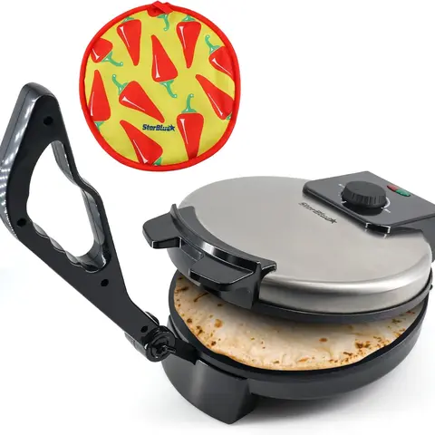 StarBlue 10-in Electric Roti Maker - 1200W, Stainless Steel Non-Stick Coating Plates, Easy Lift, Removable Handle, Free Roti Warmer, Automatic, Paratha/Tortilla Use, Fluffy Bake, AC 110V 50/60Hz