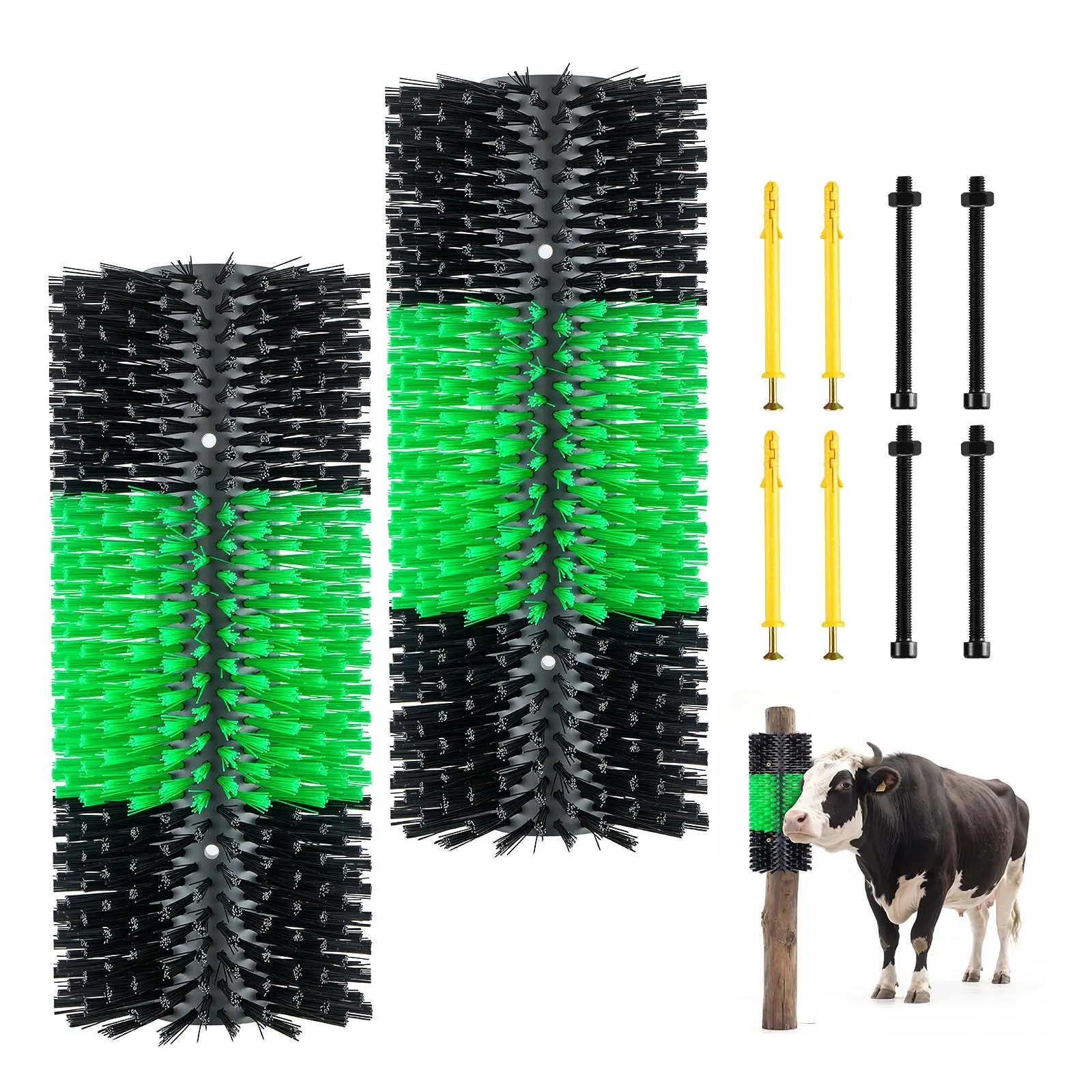 【SummerFinds】VEVOR Livestock Scratching Brush, 2PCS Goat Scratcher Brush Post with 8 Screws, 16.9" x 7.5" Cow Scratcher for Back Itch Relief, Massage Grooming Scratch Tool for Horse Cattle Sheep Pig, Green & Black