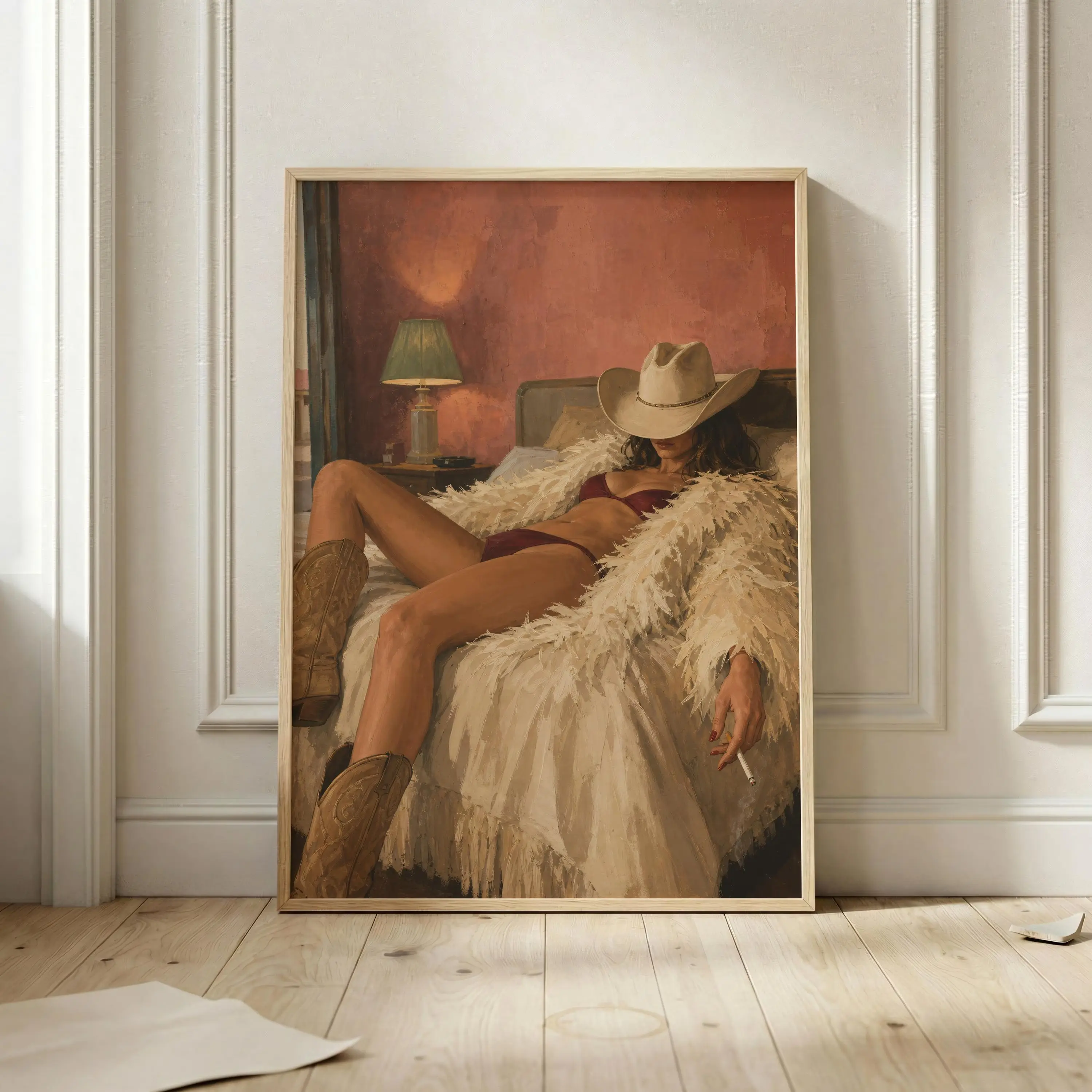 Vintage Cigarette Western Cowgirl Poster - Abstract Fashion Cowgirl Woman With Cigarette on Bed Print - Retro Textured Oil Painting Art No Frame Poster