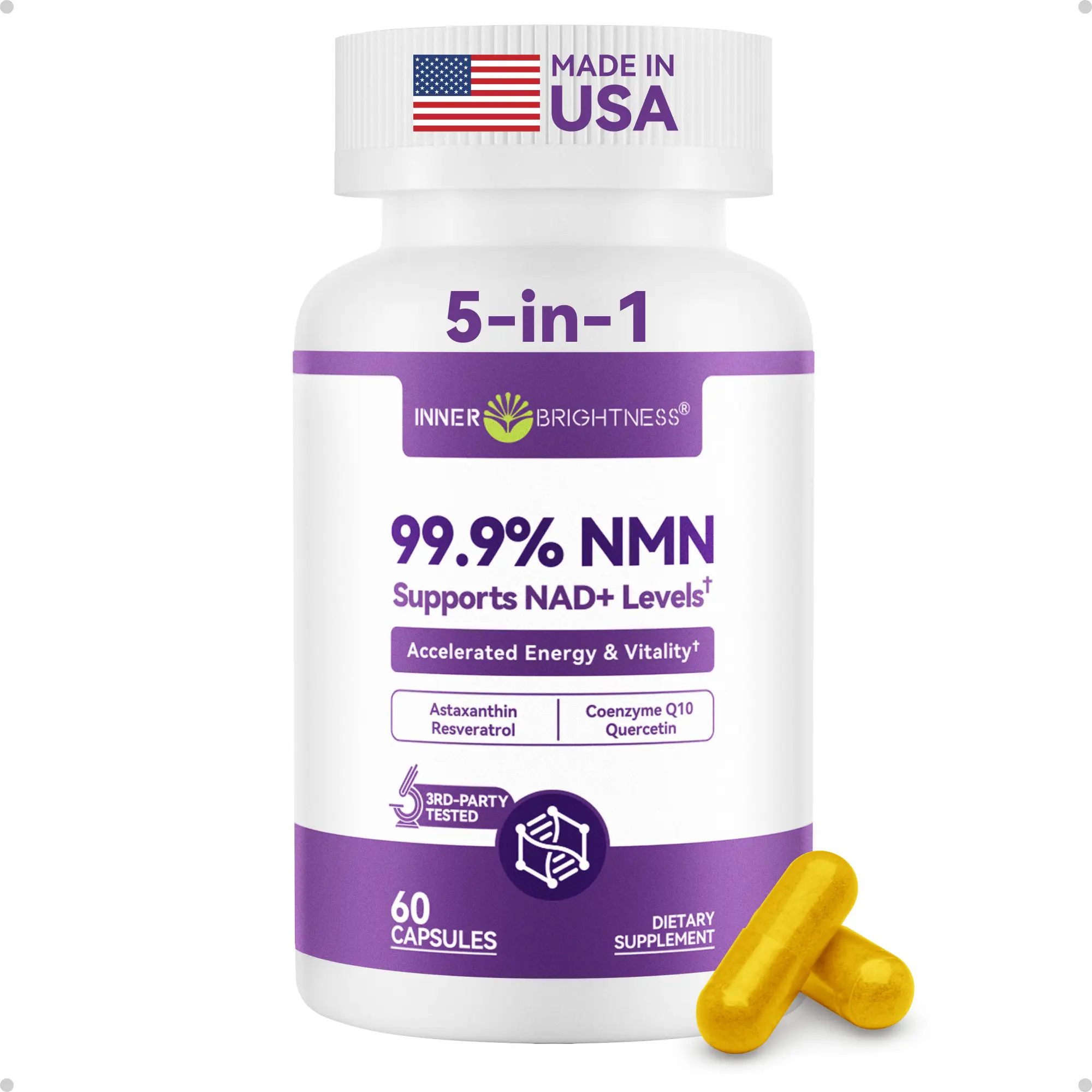 Inner Brightness NMN Supplement 500mg, 99.9% High Purity, Supports NAD+ Levels & Cellular Energy, 5-in-1 Formula with Resveratrol & Astaxanthin, Non-GMO, Gluten-Free, 60 Capsules