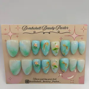 koi Fish pond Custom Hand Painted Nail Art size medium/large- 16 Nails with Gel Polish, Includes application kit, almond nails short length reuseable