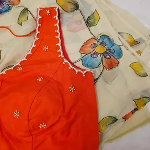 Light Yellow Viscious Organza Saree With Orange Designer Blouse