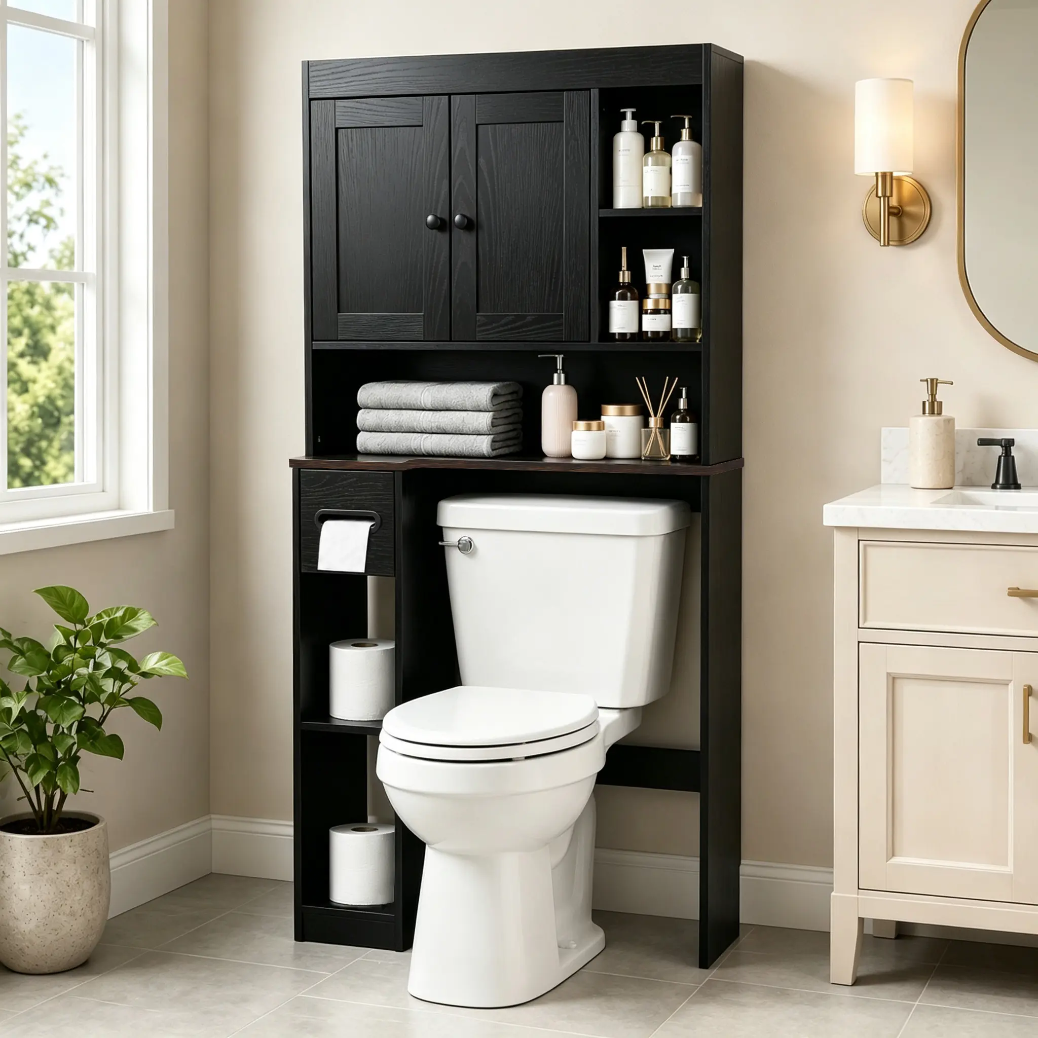 Black Farmhouse Over-the-Toilet Storage Cabinet with 2 Doors, Open Shelves and Toilet Paper Holder, Freestanding Space-Saving Bathroom Organizer for Small Bathrooms