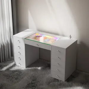 51.2" Vanity Desk with RGB LED Light Strip, Modern Glass Top Makeup Vanity with 11 Drawers, Large Dressing Table with 6 Color Lighting Modes for Bedroom