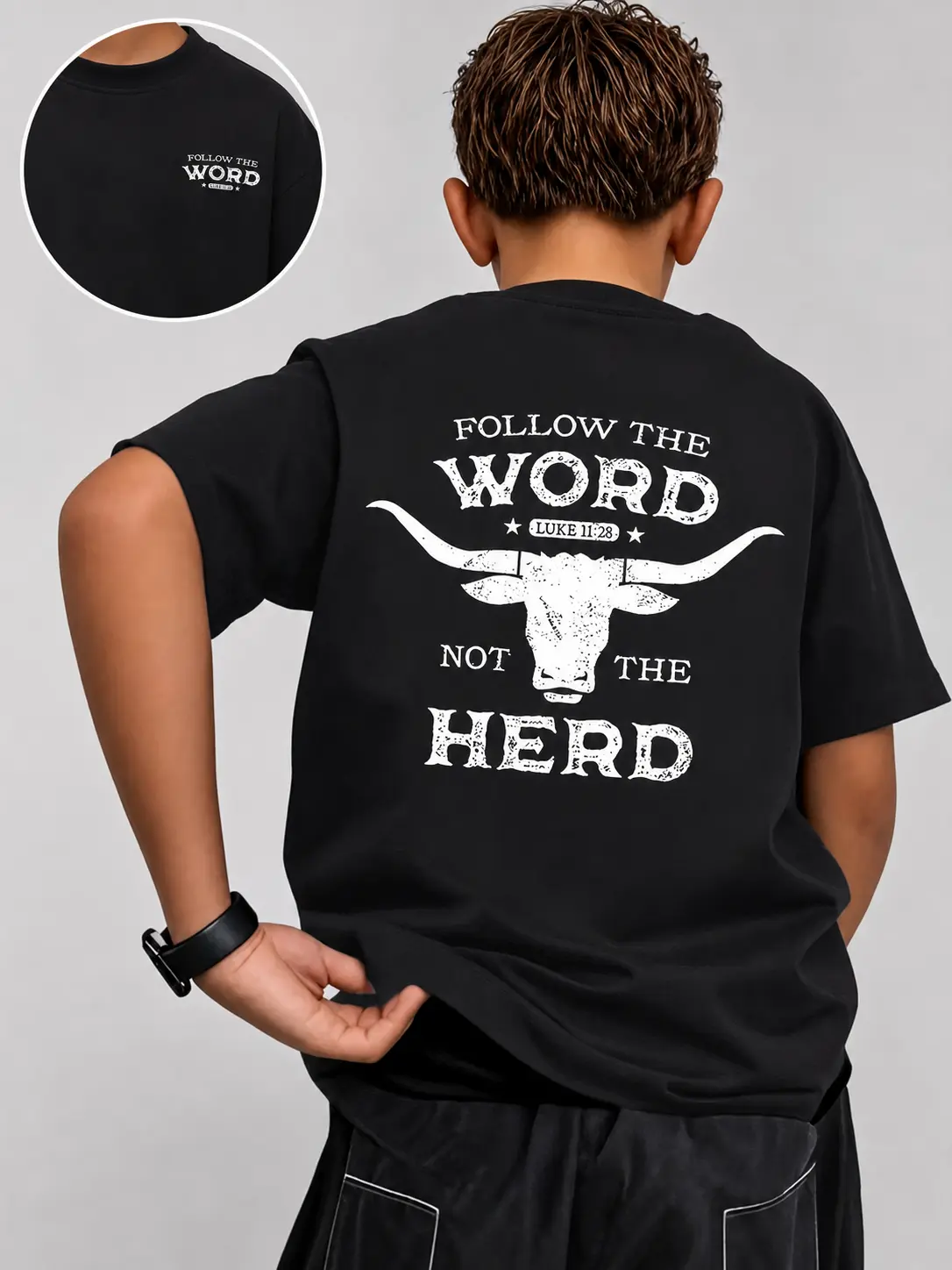 Boys' Black Short Sleeve T-Shirt, Follow The Word Not The Herd Longhorn Luke 11:28 Western Christian Casual Cotton Kids Tee