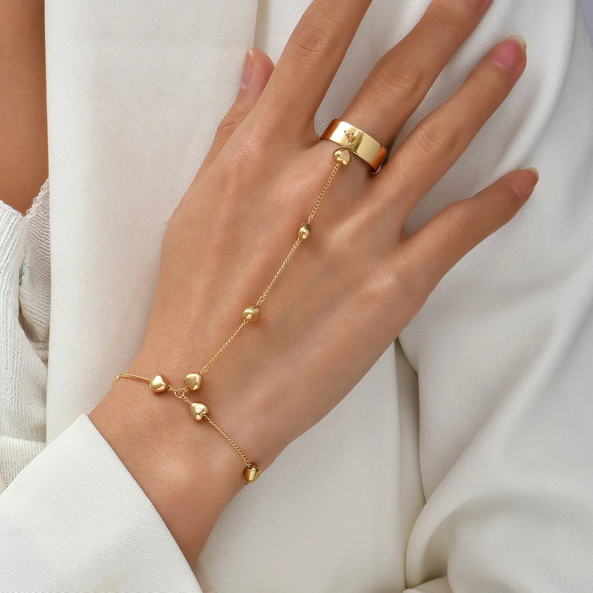 Female Gold Jewelry Sets, Elegant 2-Piece Chain Ring and Matching Wristlet with Artificial Gemstones, Lightweight for Daily Wear, Fashionable Jewelry Set, Heart, Accessories For Women, Everyday, Office, Artificial Gemstone Accent, Adults