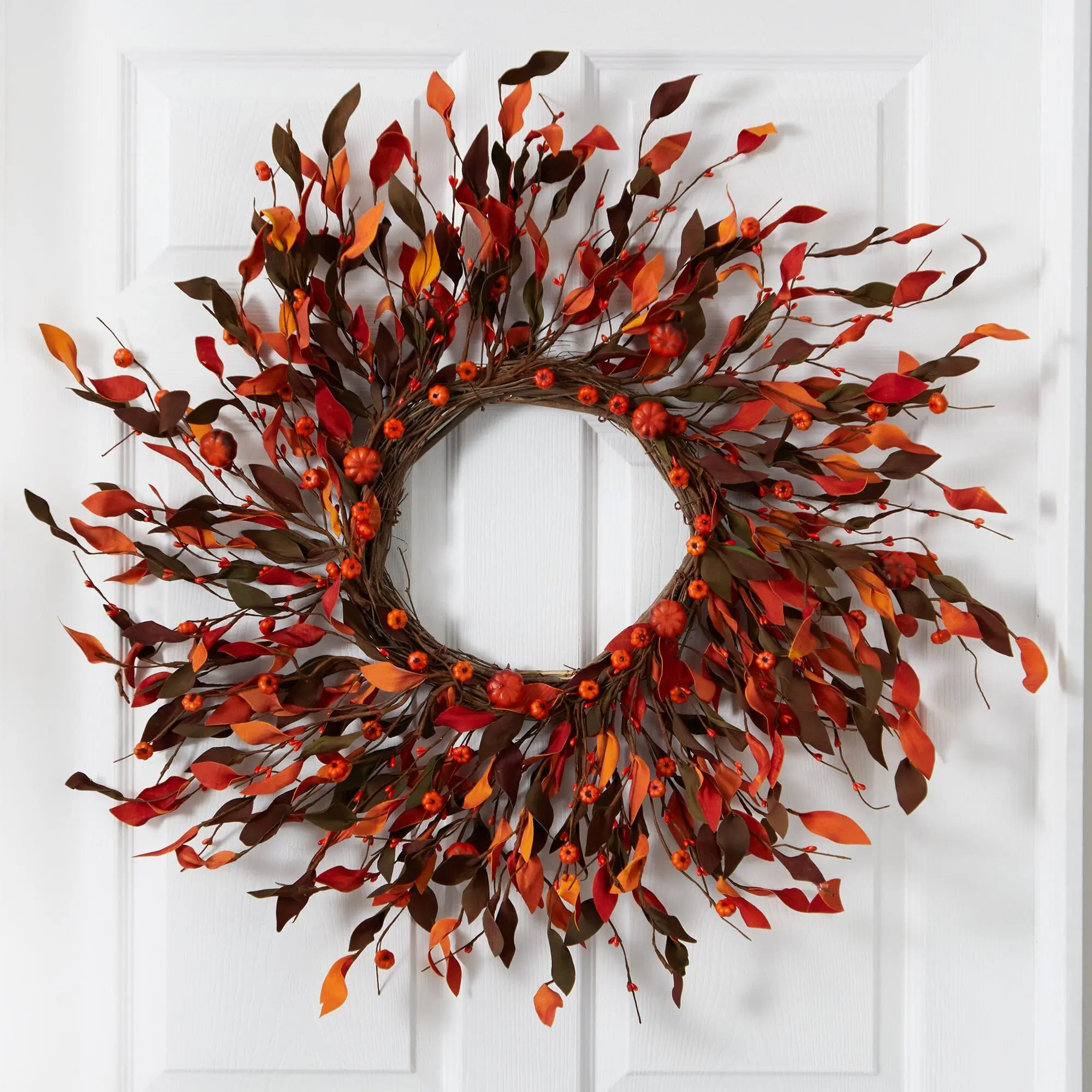 20-in Fiery Colorful Round Plastic Harvest Leaf & Mini Pumpkin Wreath, Synthetic Autumn Ornament Holiday Decoration, Wall/Doorway Hanging (Fits Garlands & Swags Displays), Wall Hanging