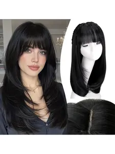Black Straight Layered Wig with Bangs for Women, Realistic Scalp, Free Parting, Realistic Natural Looking Heat Resistant Synthetic Hair Wigs for Daily Party Cosplay Use 22Inch Synthetic Fiber Wig