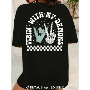 Skeleton Design Halloween T-Shirt – Good With My Demons Front/Back Print, Black Cotton