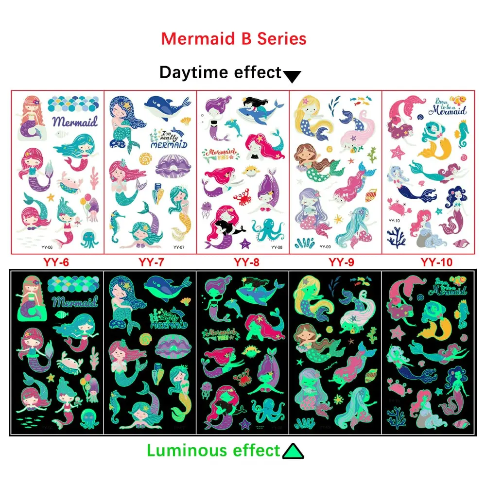 Fashionable Rainbow Mermaid Temporary Tattoos for Kids, Flash Metal Fake Tattoo Stickers, Birthday Party Supplies, Ocean Cartoon Dolphin Animal Basket, Mermaid Pattern