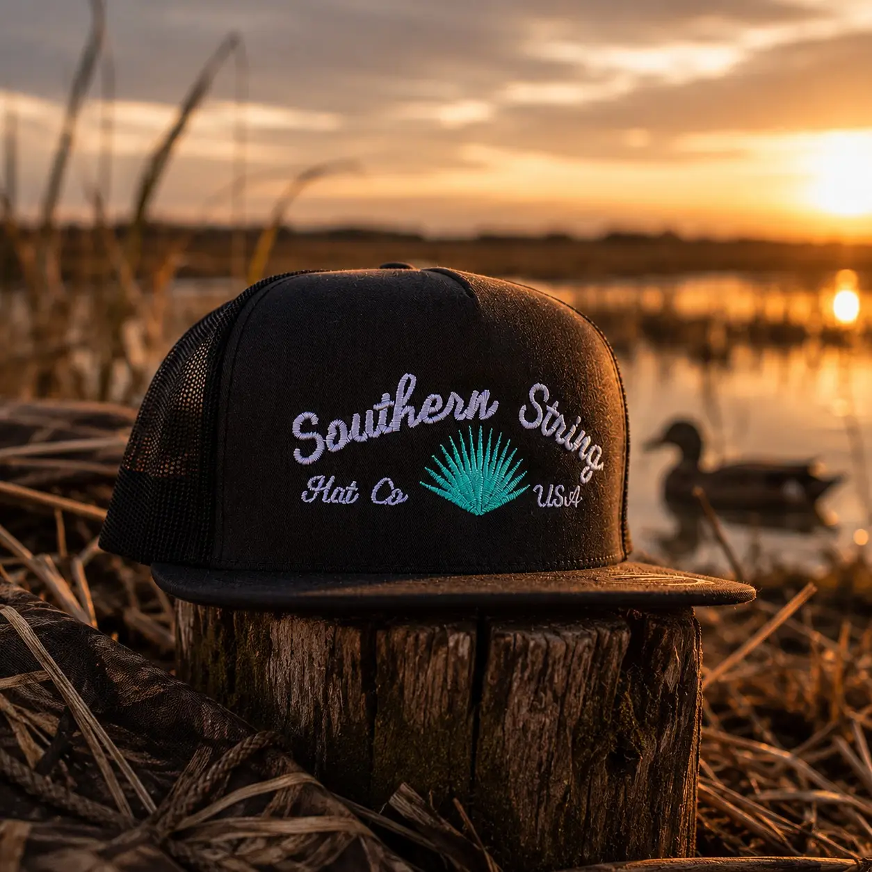 Southern String Hat Co Black Trucker Hat, Embroidered Agave Graphic Cap, Vintage Southern Outdoor Flat Bill Snapback, Country Mesh Hat