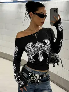 Women's Asymmetrical Butterfly Print T-Shirt, Shoulder-Exposed Short Sleeve Top, High-Quality Fitted Casual Fit for Streetwear Y2K Fall Winter Statement Long Sleeve