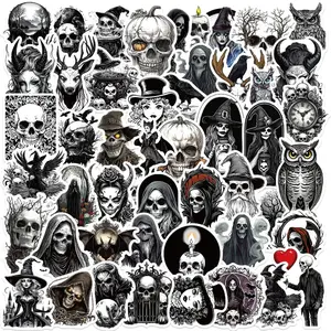 Gothic Skull Stickers - 50pcs Waterproof Aesthetic Decals for Guitar Laptop & Luggage Punk DIY Vibes Black White Skulls Roses Flames Decor