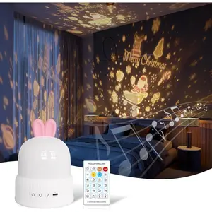 Night Light, Cute LED Lamp with Remote, Silicone Nursery Night Light for Kids, Slicone Rechargeable Bedside Lamp with 8 Themes and 8 Chimes, Funny Rotatable Decor for Kids, Girls, Pink
