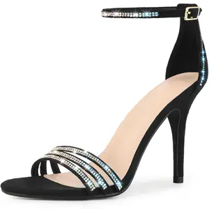 BLISSFUL STEP Rhinestone Ankle Strap Open Toe Stiletto Heels Sandals