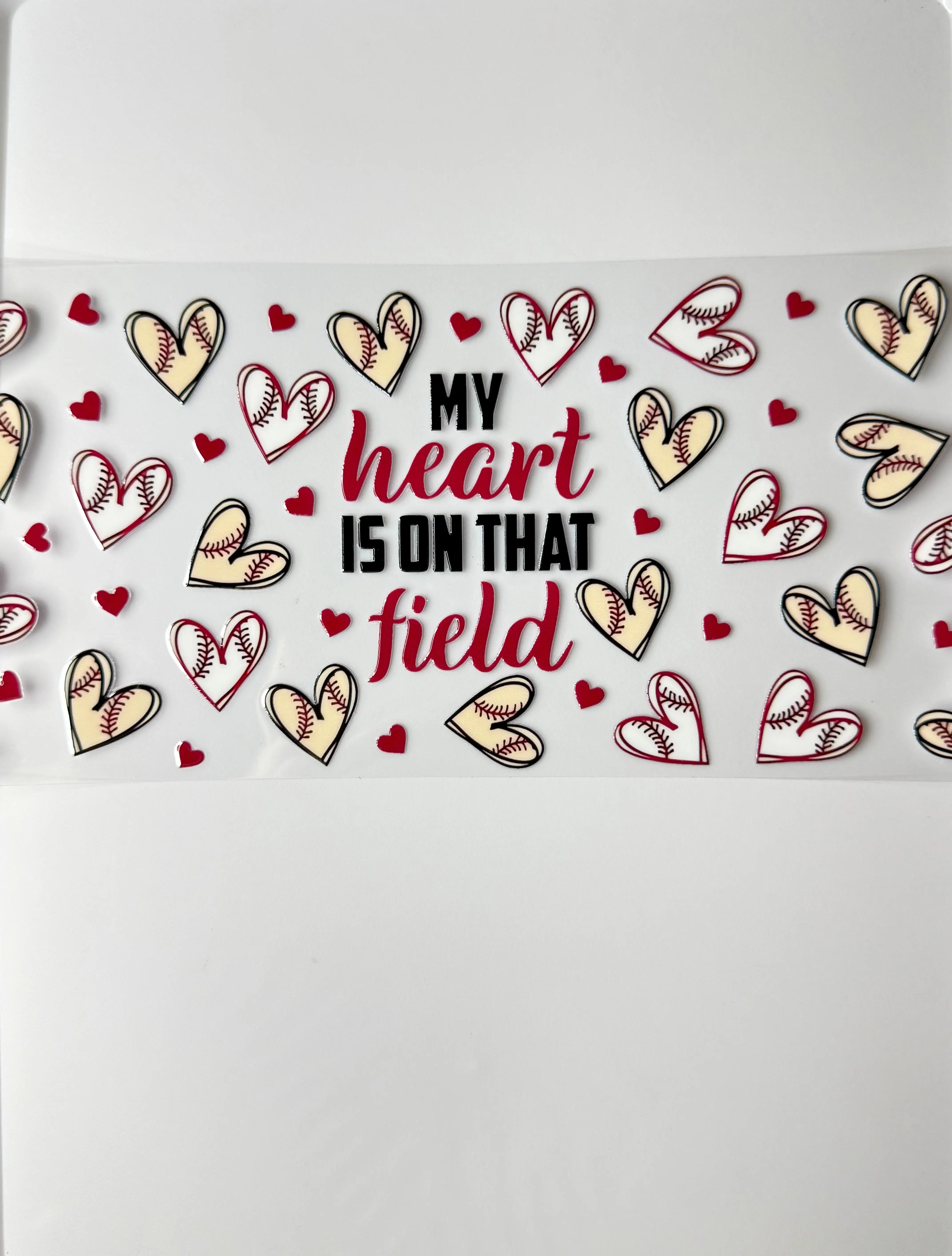 C80- My heart is on that field with White/ivory/red hearts 16OZ UV DTF Transfer Wrap/Sticker for Cup/Tumbler