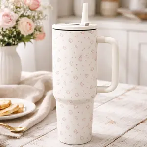1 Pc 40oz Stainless Steel Insulated Tumbler with Handle, Straw and Lid, Cute Floral Cream Design, Double Wall Vacuum Leakproof Cup, Gift for Women Mom Friend, Perfect for Home Office Travel