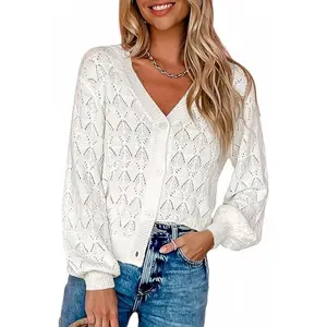 Women's Lightweight Long Sleeve Crochet Cropped Cardigan - Open Front V - Neck Button - up Shrug Sweater, Perfect for Trendy Tops and Versatile Outfit Pairings 2025 Spring
