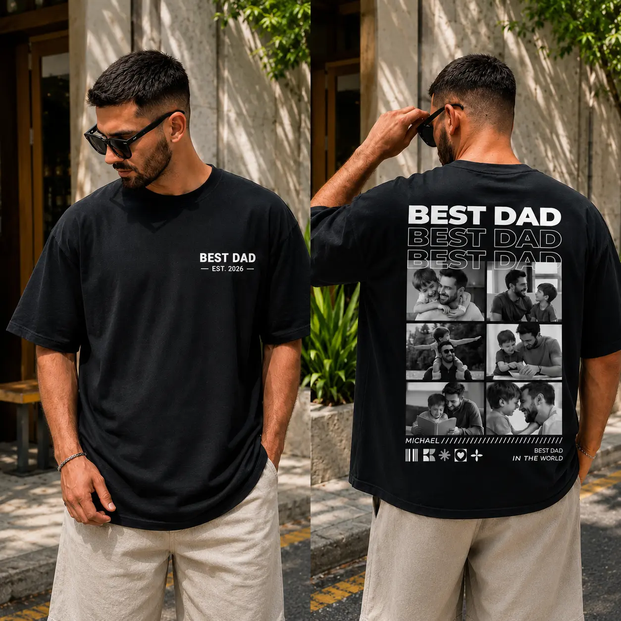 Custom Photo Shirt Gildan T Shirt 2 Sided Personalized Name Est Year Best Dad Vintage Graphic Tee Retro Photo Collage Heavy Duty Cotton Clothes Top Men Father's Day Husband Grandpa Custom Gifts Streetwear