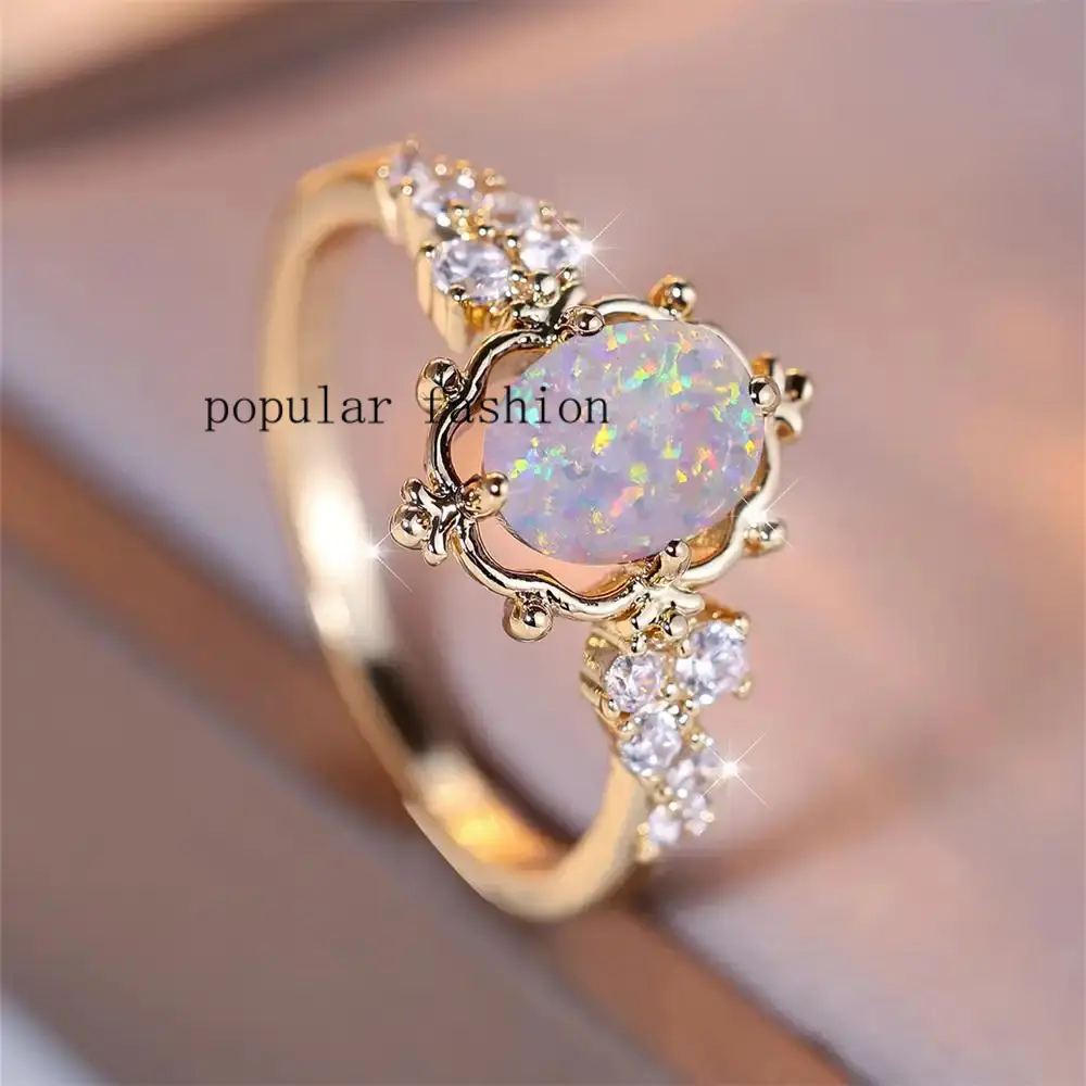 popularFASHION - White Fire Opal Oval Stone Flower Rings For Women Vintage Gold Color Bridal Wedding Ring Birthstone Jewelry Engagement Band Gift