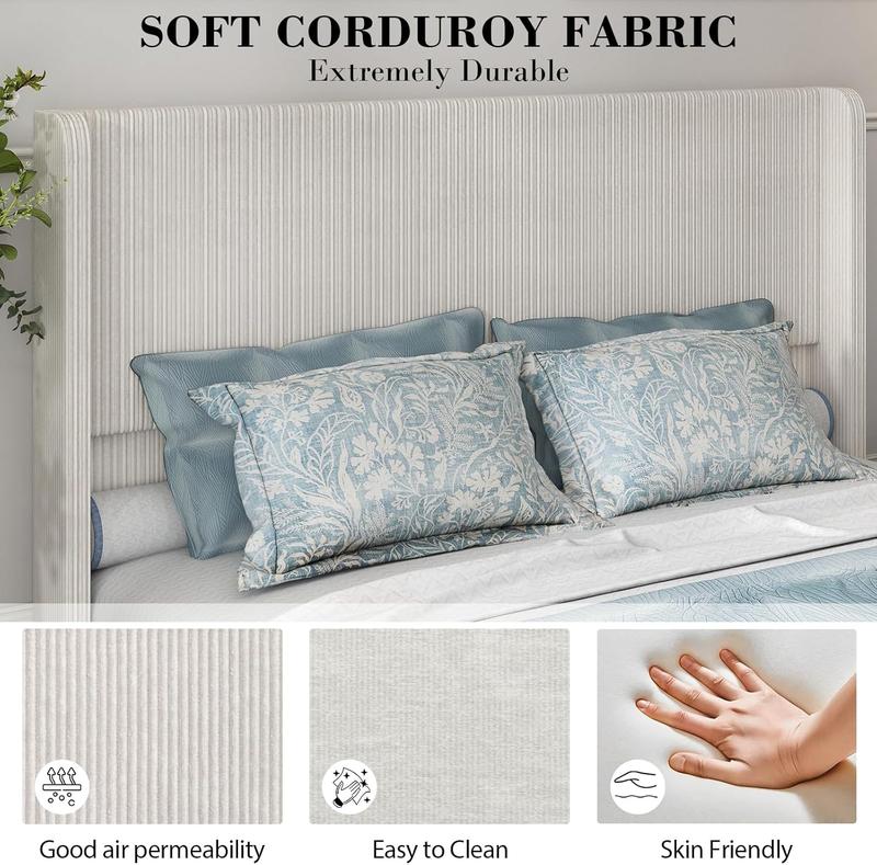 Queen Size Upholstered Bed Frame, Soft Corduroy Platform Bed with 47" Luxury Wingback Headboard, Solid Steel Slats Support, No Box Spring Needed, Noise Free, Easy Assembly, Cream Queen Size Upholstered Bed Frame, Soft Corduroy Platform Bed with 47" Luxury Wingback Headboard, Solid Steel Slats Support, No Box Spring Needed, Noise Free, Easy Assembly, Cream