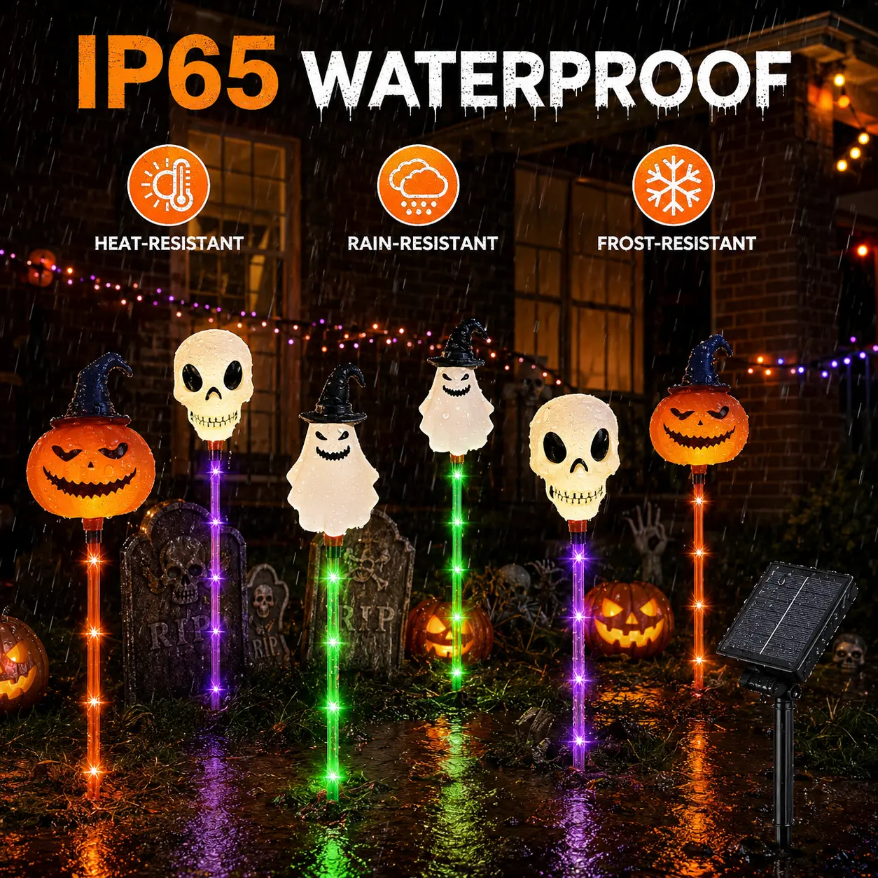 6-Pack Halloween Mixed Shape Solar Pathway Stake Lights, Skull Ghost Pumpkin Spooky Color-Changing LED Ground Markers, Solar-Powered Waterproof Outdoor Lawn Garden Halloween Decorations