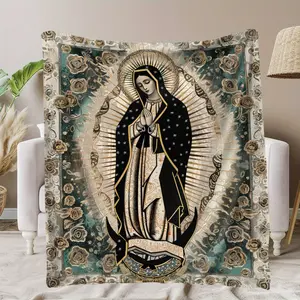 Virgin Mary and Floral Pattern Soft Flannel Blanket - Perfect for Nap, Camping, Travel, and Home Decoration |   Ideal gifts for friends, family, and loved ones, souvenirs, office, car
