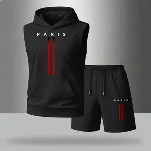 Men’s Paris Sleeveless Hoodie & Shorts Set – Lightweight Breathable Two Piece Athletic Outfit, Casual Streetwear Tracksuit, Drawstring Shorts, Gym Workout Fitness Set for Running, Training, Summer Daily Wear