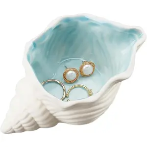 X-SO47  Conch Shape Ceramic Jewelry Tray, Aqua Shell Trinket Dish Ceramic Ring Earring Holder Ocean-themed Decorative Trinket Plate for Rings Earrings Necklaces Bracelet Jewelry Watch Keys Boxes Organiser