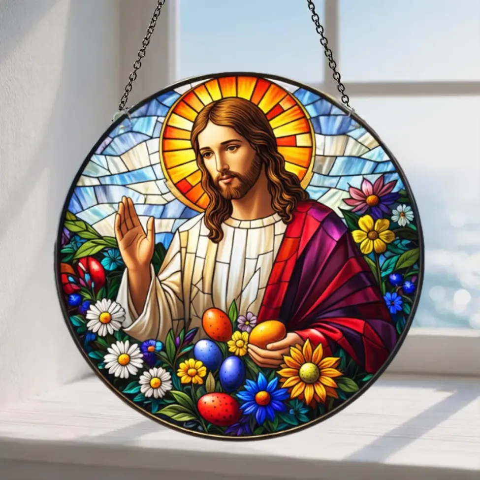 Stained Glass Suncatcher, Religious Jesus Wall Decor, Colorful Flower and Egg Design, Christian Mom Gift, Easter Sunday Decoration Art