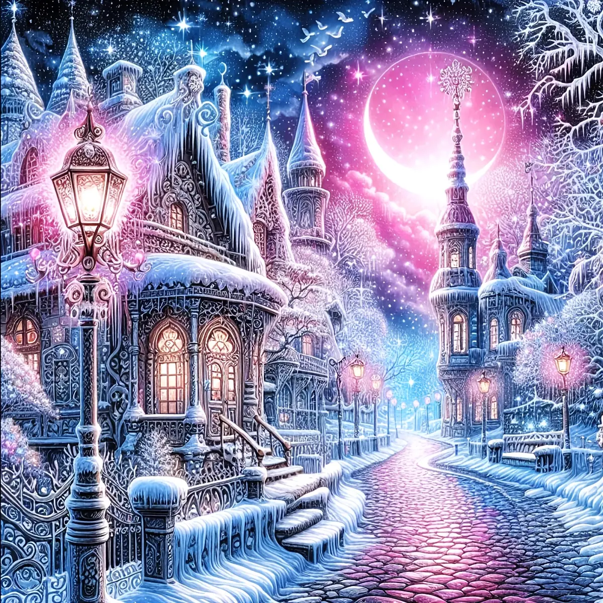 Diamond Painting Suitable for Beginners - Winter Castle 5D Round Full Drill Rhinestone Mosaic Art, DIY Diamond Picture, Wall Decor Gift, Handmade Gifts, Handcrafted Gemstone Artwork, Handicraft, Diamond Painting Kits