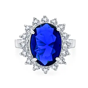 Vintage Style Oval CZ Sapphire Engagement Ring in Sterling Silver 5-7 Karat Halo Bridal Set Rings Wedding Rings