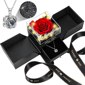 Eternal Rose & "I Love You" Necklace Gift Set - Preserved Red Rose in Heart Box, Mothers Day Gift for Her, Wife, Girlfriend Gold Plated Chain