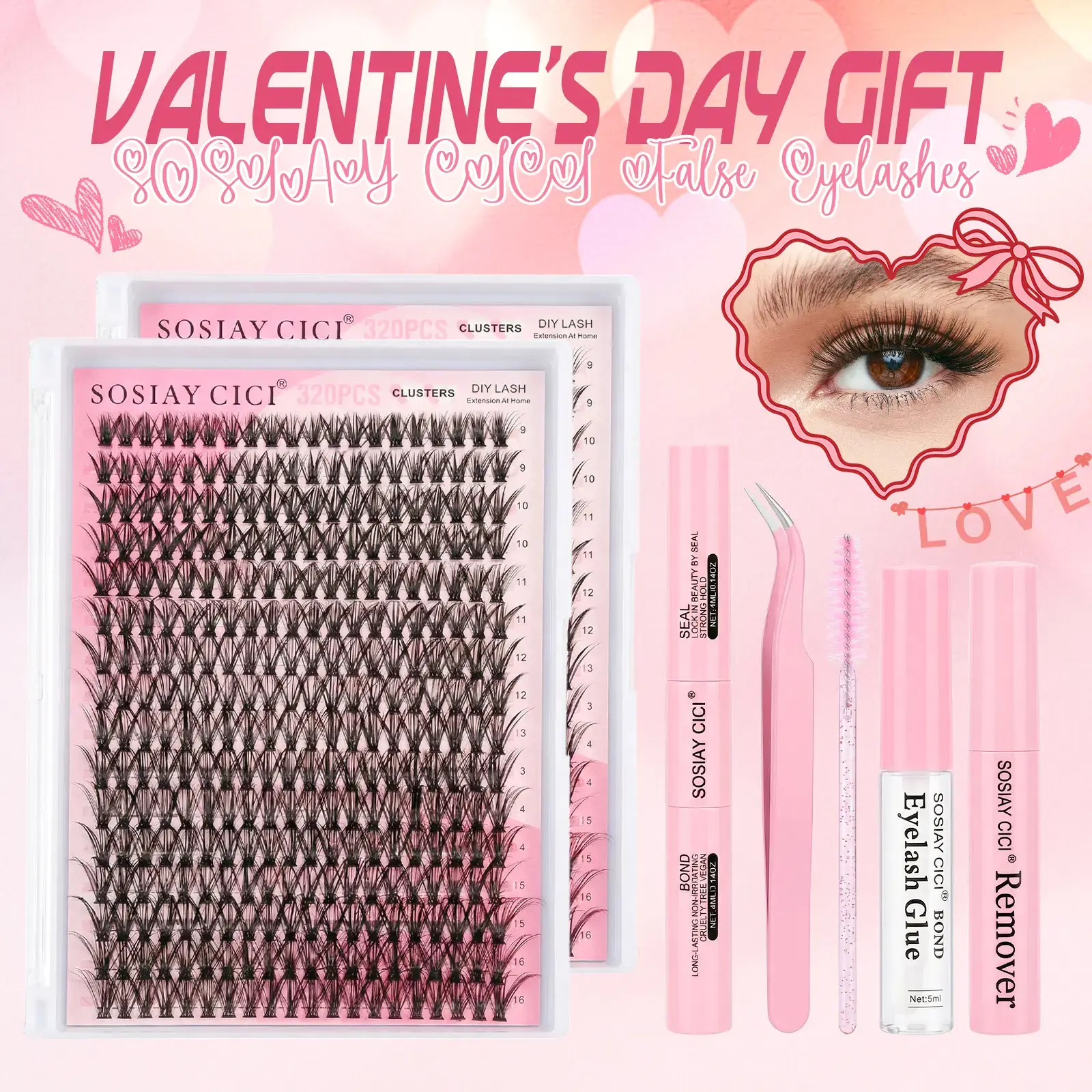 SOSIAY CICI Valentine's Day Lash Kit, 320PCS 40D D Curl Lash Clusters 9-16mm, All-in-One DIY Set with Bond Seal Tweezers for Beginners