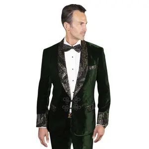 Men’s 2-Piece Tailored Fit Velvet Tuxedo with Brocade Lapel - Hunter Green