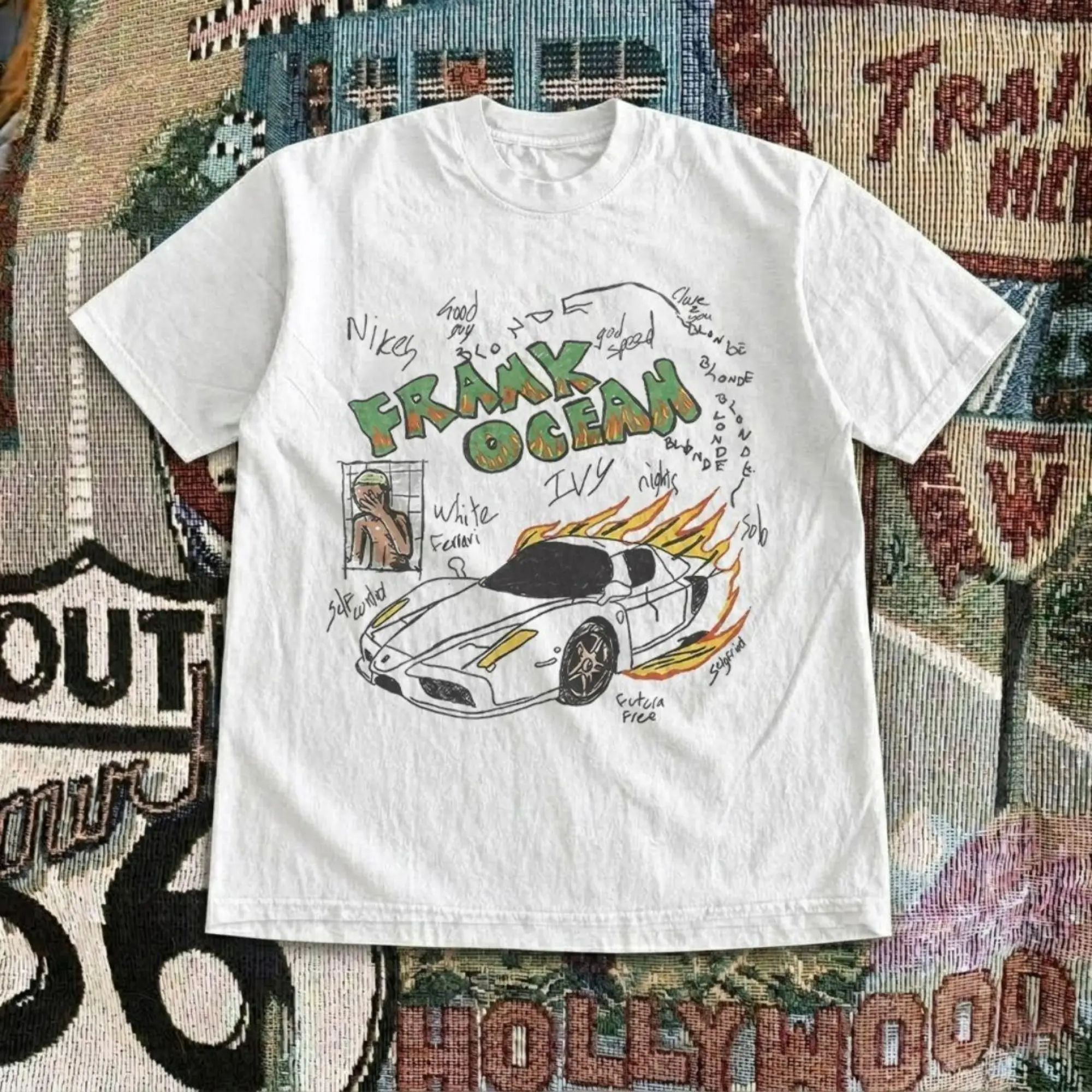 Vintage Frank Ocean Flaming Ferrari Blond T-Shirt - Retro Sketch R&B Tracklist Graphic Tee, Unisex Vintage Graphic Tees Gothic Grunge Y2k Emo Scene Amity Affliction Style Clothes Men Women Streetwear Summer