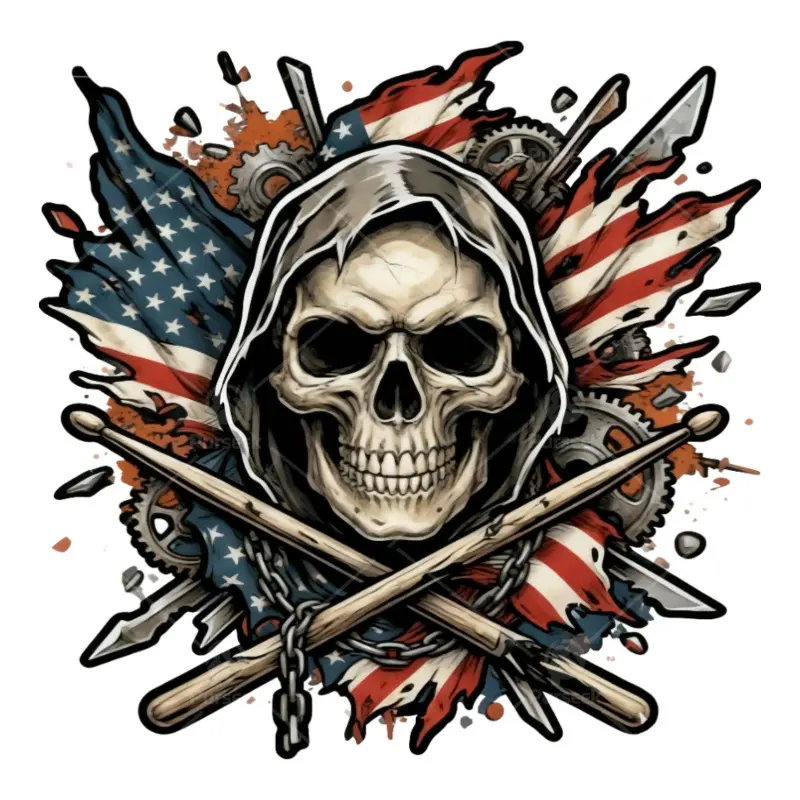 6 Pack American Flag Drummer Skull Drumstick Iron on Patches for Clothing Bags DIY Craft Music Band Marching Badge Emblem Heat Transfer Decals Reusable Adhesive Stickers