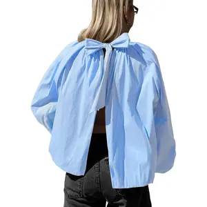 Womens Puff Long Sleeve Blouse Mock Neck Open Back Bubble Tops Casual Bow Tie Pleated Shirts