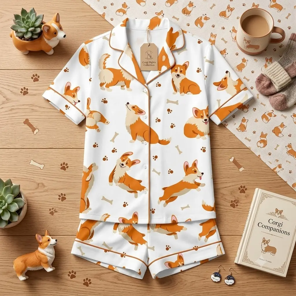 Women Corgi Pajamas, Animal Print Sleepwear, Short Sleeve Button Up PJs, Summer Lounge Gift, Cute Corgi Print Pajama Set, Women Short Sleeve Button Up Sleepwear, Animal Summer Lounge Gift, Animal Print Corgi Sleepwear, Women Summer Lounge Set