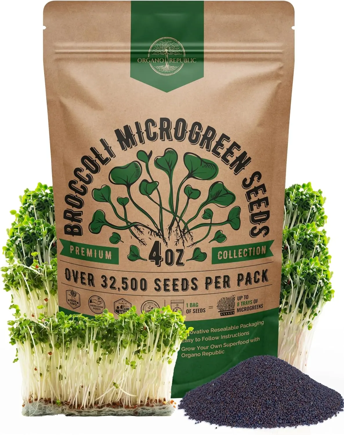 Broccoli Sprouting Seeds for Planting, 32,500+ Non-GMO Heirloom Microgreens Seeds, 4 oz Bulk Resealable Bag for Soil, Coconut Coir, Hydroponic & Aeroponic Growing