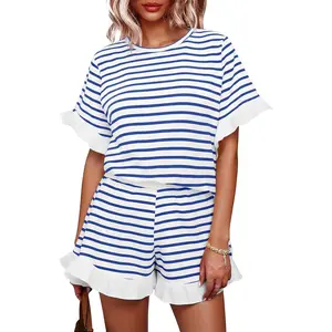 Imily Bela Womens 2 Piece Striped Shorts Set Ruffle Short Sleeve Tops Hight Waist Shorts Matching Sets Summer Vacation Outfits