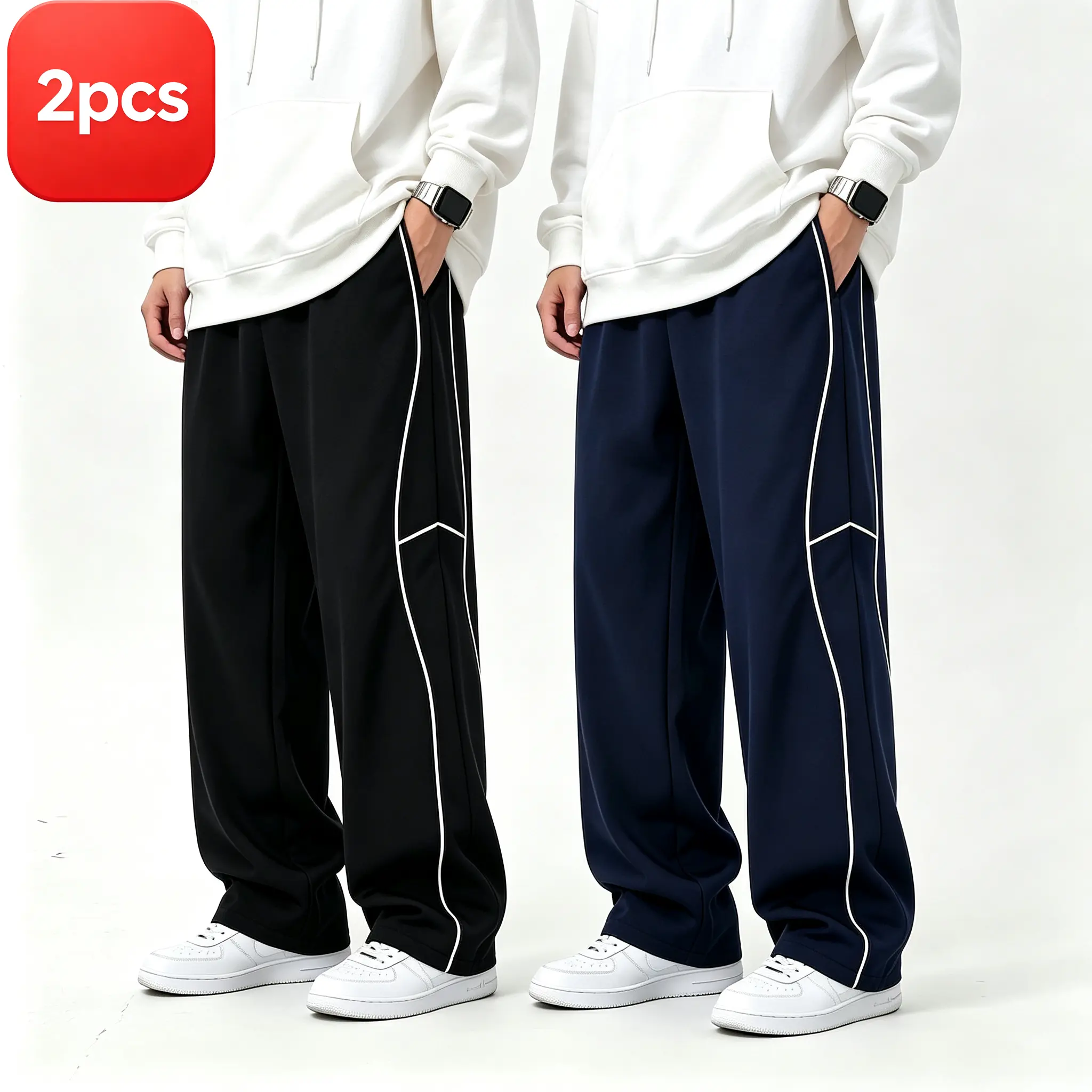 Men’s 2-pack casual wide-leg long pants with two white side stripes and a horizontal stripe; drawstring elastic waistband; smooth drape; athletic straight-leg design; versatile streetwear for everyday wear; floor-length pants.