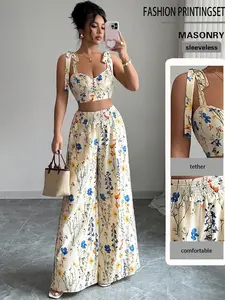 Women's French Country Floral Print Set, Strapless Tie Top + High Waist Wide Leg Pants, Casual Concealing Long Pant Set Womenswear