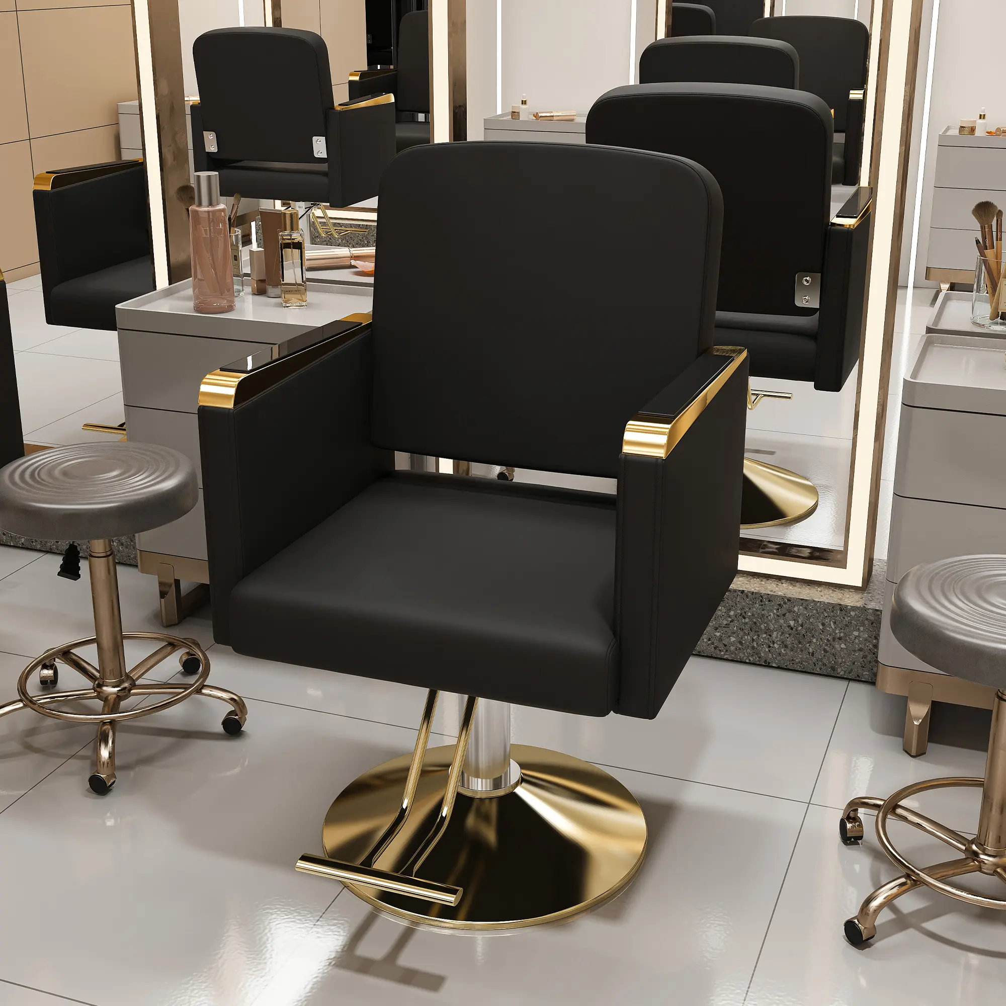 Black Gold Professional Hydraulic Salon Chair - PU Leather, Waterproof, Contoured Back, 360° Full Rotation, Non-Tilting Pump-Operated Equipment for Tattoo Spa Stylists