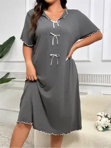 Women's Plus Size Dress with Bow Decor, Wooden Trim Casual Comfortable Sleepwear, Ladies Home Clothing,Women's Solid Color Cami Lounge Dress,Comfy Nightgowns,Short Sleeve Nightdress,Valentine’s Day Gift