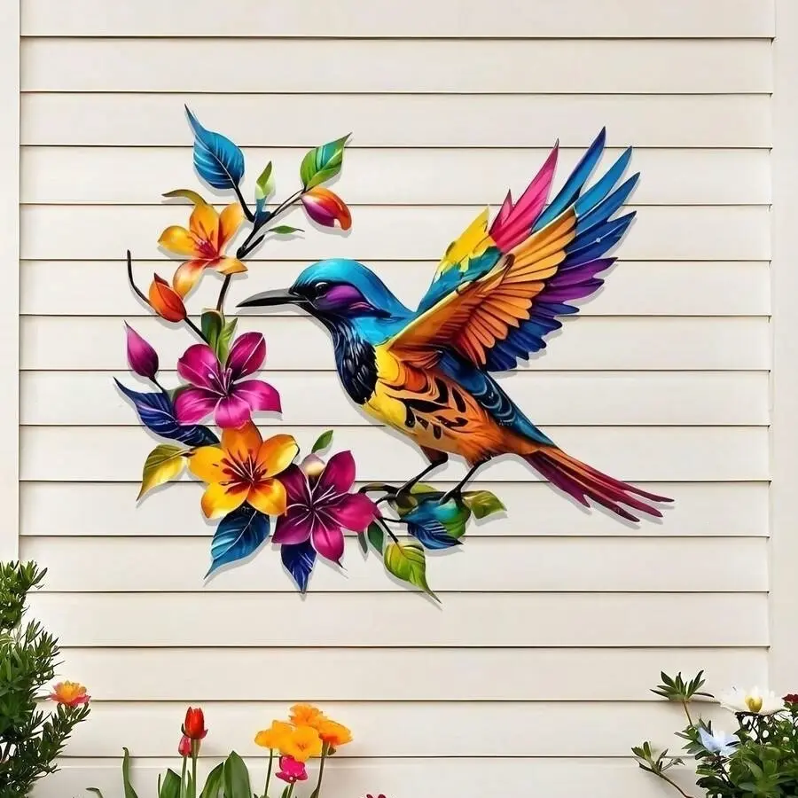 Vintage Artistic Metal Flower-Bird Decorative Wall Sculpture, Iron Hanging Ornament for Outdoor Fence, Patio, Home Improvement & Garden Supplies