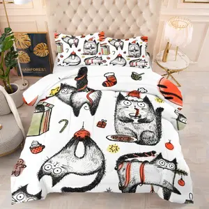 Christmas cartoon kitten pattern, including 1 quilt and 1 or 2 pillowcases without pillowcores, suitable as Christmas gifts, soft children's and adult bedroom decorations