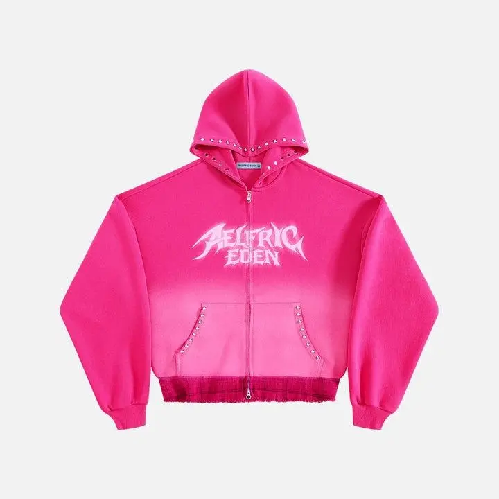 Aelfric Eden Boxy Washed Studded Zip Up Hoodie Gothic Letter Graphic Rhinestone Detail Cropped Oversized Fit Y2K Streetwear Unisex